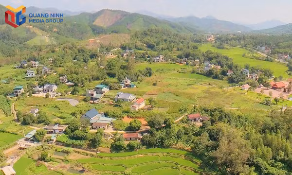 Khung cảnh Bản Cáu giữa núi rừng, đồng lúa, xen lác đác những nếp nhà đất truyền thống.