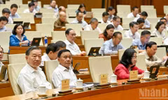 Tổng Bí thư, Chủ tịch nước Tô Lâm; Ủy viên Bộ Chính trị, Thường trực Ban Bí thư Trần Cẩm Tú cùng các đại biểu dự phiên họp ở hội trường sáng 26/10. (Ảnh: THỦY NGUYÊN) 