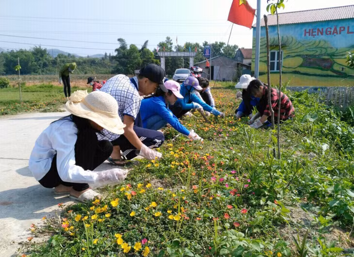 Đông đảo ĐVTN, nhân dân tham gia trồng cây hoa trang trí dọc các tuyến đường tại xóm họ Đặng, xã Hải Sơn.
