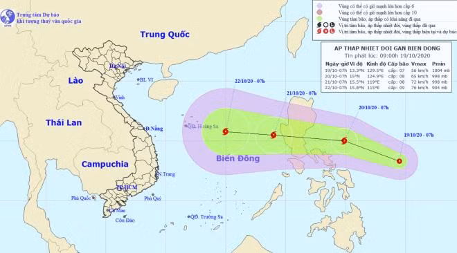 Vị trí và hướng di chuyển của áp thấp nhiệt đới.