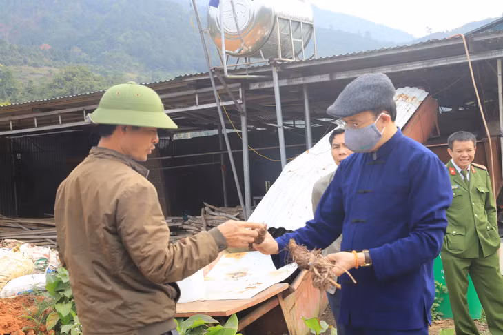Bí thư Huyện ủy Bình Liêu Dương Mạnh Cường nắm bắt tình hình sản xuất của người sân thôn Mõ Túc, xã Húc Động. Ảnh: La Lành (Trung tâm TT-VH Bình Liêu) 
