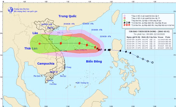 Dự báo đường đi và vị trí cơn bão.