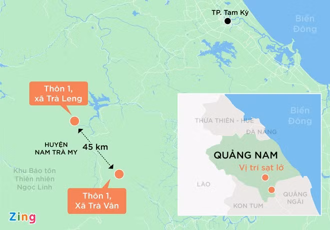 Xã Trà Leng và Trà Vân thuộc huyện Nam Trà My, nơi xảy ra 2 vụ sạt lở đất nghiêm trọng khiến 53 người bị vùi lấp. Đồ họa: Phượng Nguyễn.