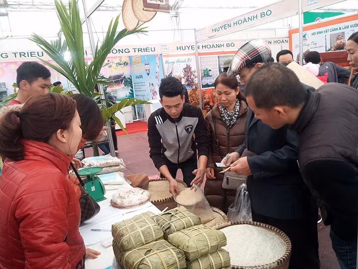 Người tiêu dùng tham quan, mua gạo và bánh chưng làm bằng nếp cái hoa vàng Đông Triều tại Hội chợ OCOP Quảng Ninh 2017. Ảnh: Trần Minh
