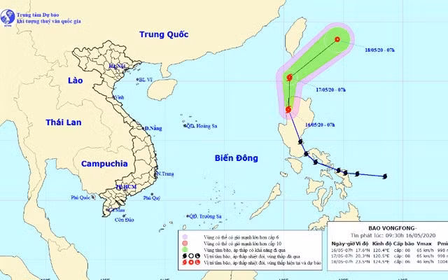 Vị trí và hướng di chuyển của bão Vongfong. (Nguồn: nchmf.gov.vn)