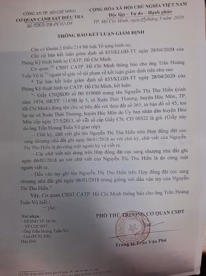Thông báo kết luận giám định của Cơ quan CSĐT Công an TP.HCM.