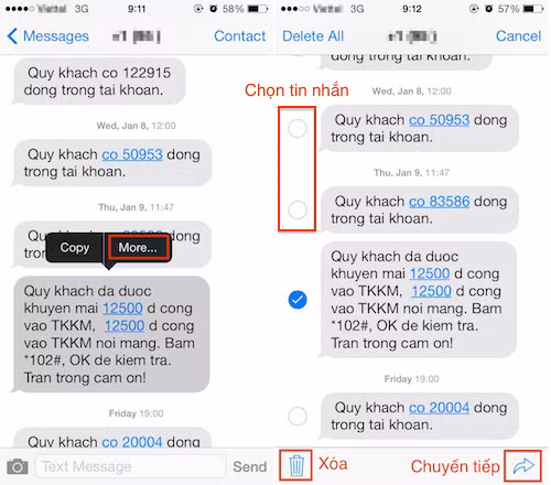 Chuyển tiếp và xóa tin nhắn trên iPhone.