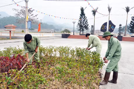 Các học viên cắt tỉa cây, quyét dọn khuôn viên.