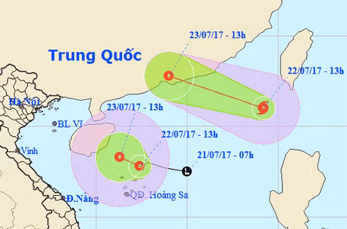 Dự báo đường đi của bão và áp thấp nhiệt đới của Trung tâm dự báo khí tượng thuỷ văn Trung ương.