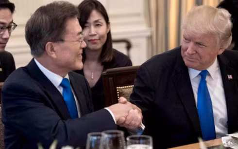 Tổng thống Hàn Quốc Moon Jea-in và Tổng thống Mỹ Donald Trump bắt tay tại cuộc gặp ở Nhà Trắng cuối tháng 6/2017. (Ảnh: Getty Images)