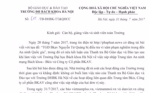 Công văn của trường ĐHBK