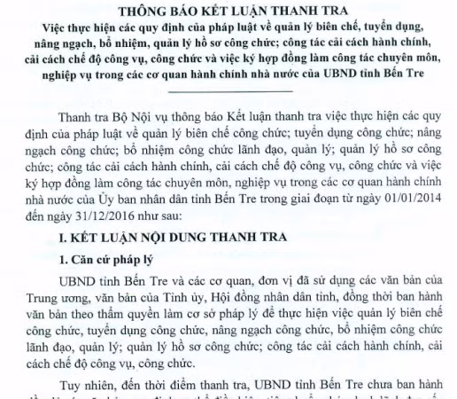 Kết luận thanh tra của Thanh tra Bộ Nội vụ. (Ảnh: KT)