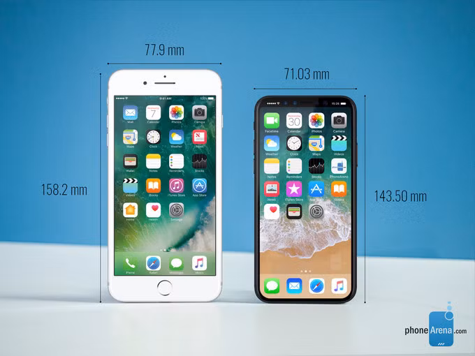 iPhone 7 Plus đặt cạnh iPhone 8 (phải)