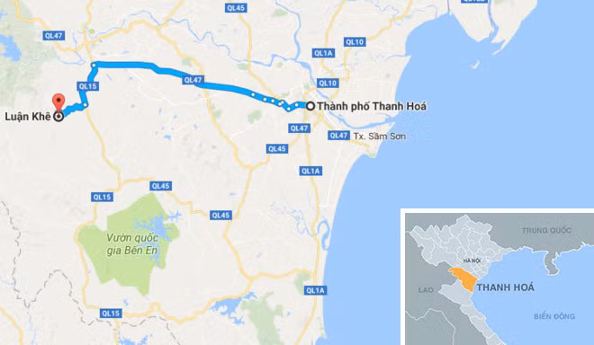 Xã Luận Khê - nơi xảy ra vụ việc, cách TP Thanh Hóa hơn 57 km về hướng tây. Ảnh: Google Maps.