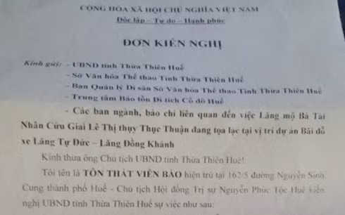 Đơn kiến nghị của Hội đồng Trị sự Nguyễn Phước tộc.