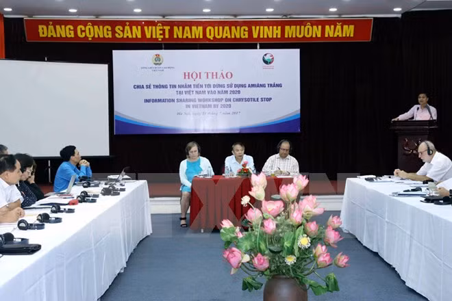 Hội thảo sẽ giúp Đoàn Chủ tịch Tổng Liên đoàn Lao động Việt Nam tham gia với các cơ quan Nhà nước trong việc xây dựng chính sách loại trừ các bệnh liên quan đến amiăng và lộ trình dừng sử dụng amiăng trắng. (Ảnh: Đỗ Bình/TTXVN)