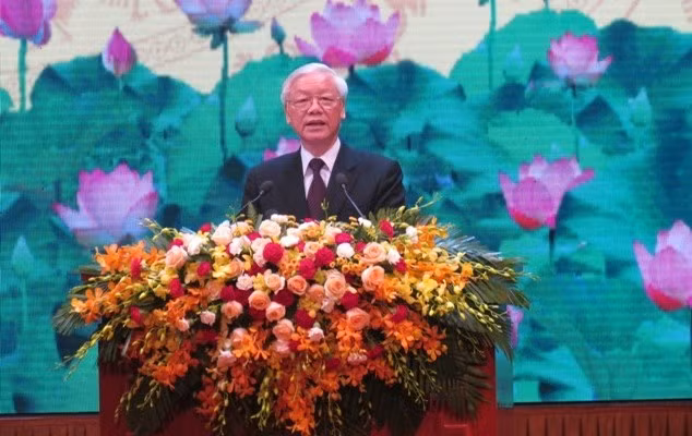 Tổng Bí thư Nguyễn Phú Trọng đọc diễn văn tại Lễ kỷ niệm (Ảnh: VA)