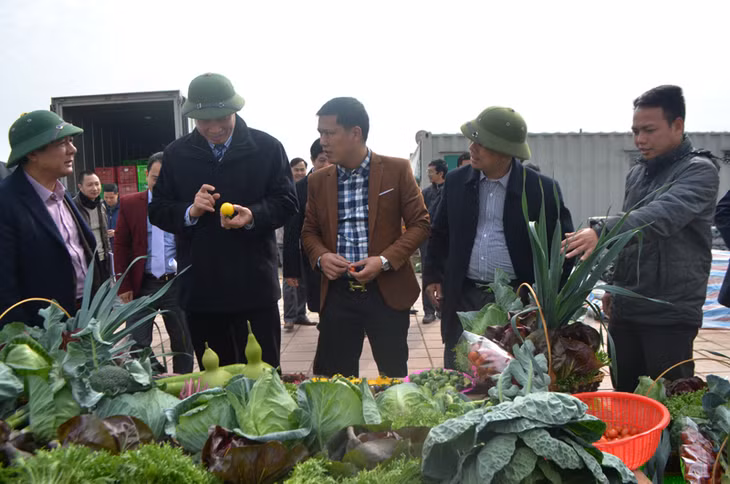 Đồng chí Chủ tịch UBND tỉnh thăm các sản phẩm nông nghiệp được trưng bày và xuất bán ra thị trường.
