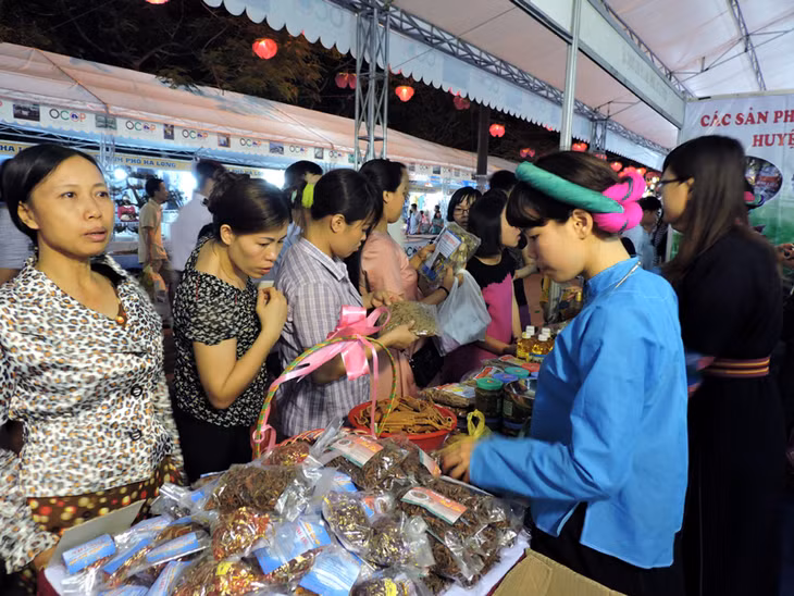 Du khách tham quan, mua sắm tại gian hàng OCOP của huyện Bình Liêu tại Hội chợ xuân OCOP tỉnh năm 2016. Ảnh: Tư liệu