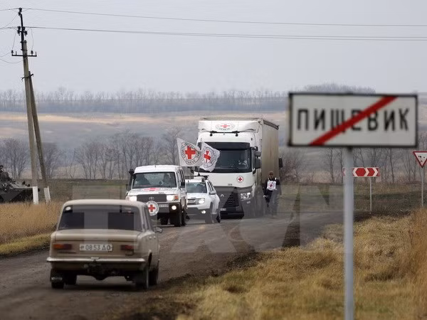 Đoàn xe của Hội Chữ thập đỏ chuyển hàng viện trợ cho người dân Ukraine sống tại làng Pischevik thuộc vùng Donetsk, Ukraine. (Nguồn: AFP/TTXVN)