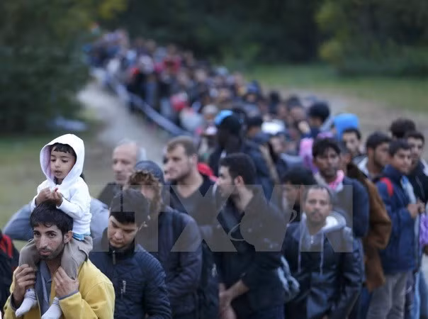 Người di cư vượt qua cửa khẩu biên giới tại Zakany, Hungary ngày 16/10/2015. (Nguồn: Reuters/TTXVN)