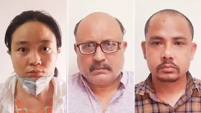 Từ trái qua phải: Qing Shi, nhà báo tự do Rajeev Sharma và Sher Singh, ba người bị cảnh sát Ấn Độ bắt đầu tuần này liên quan đến vụ bán thông tin mật. Ảnh: Cảnh sát New Delhi.