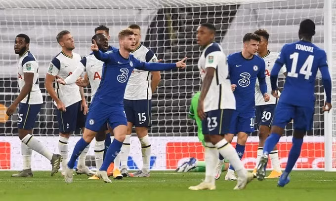 Werner ghi bàn đầu tiên ở một trận chính thức cho Chelsea. Ảnh: Reuters.