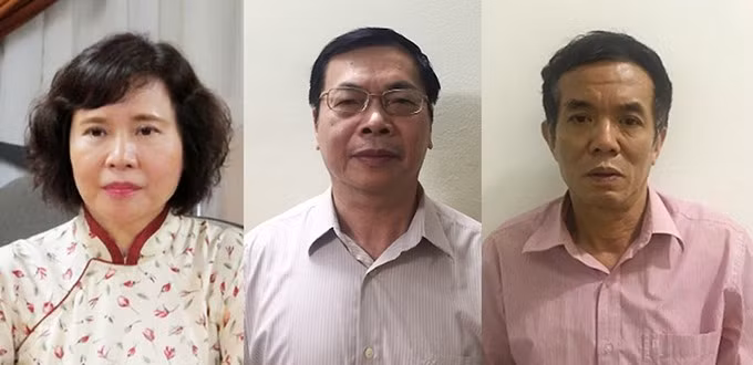 Nguyên thứ trưởng Bộ Công Thương Hồ Thị Kim Thoa (trái, đang bị truy nã), ông Vũ Huy Hoàng (giữa) và Phan Chí Dũng tại cơ quan điều tra. Ảnh: Bộ Công an cung cấp.