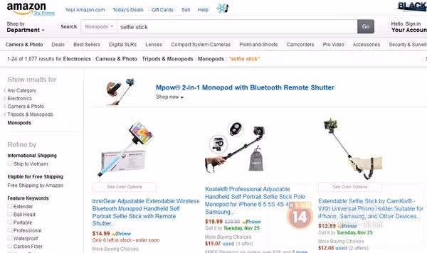 "Gậy tự sướng" gây sốt đến mức chỉ cần tìm với từ khóa "selfie stick" trên Amazon, bạn sẽ nhận được cả nghìn kết quả.
