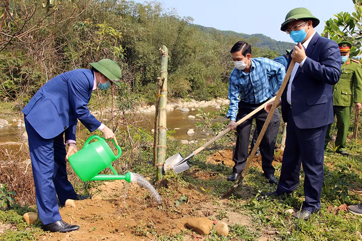 Các đồng chí lãnh đạo Huyện Hải Hà tham gia trồng tre gai bảo vệ khu vực biên giới tại Bản Mốc 13, xã Quảng Đức, Hải Hà