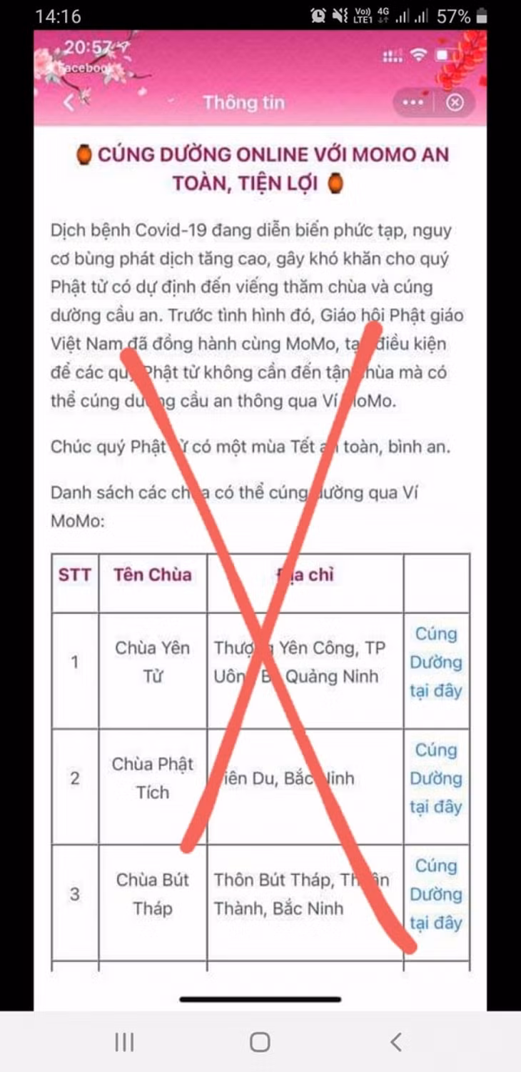 Thông tin giả mạo kêu gọi cúng dường online.