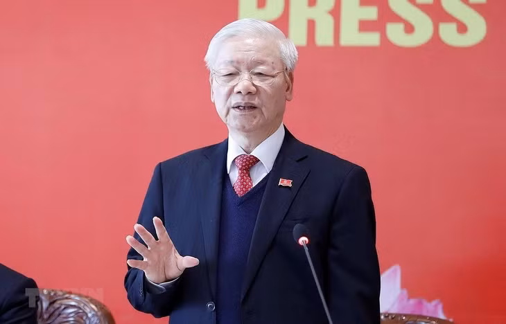 Đồng chí Nguyễn Phú Trọng, Tổng Bí thư Ban Chấp hành Trung ương Đảng khóa XIII, Chủ tịch nước CHXHCN Việt Nam chủ trì họp báo. (Ảnh: TTXVN)