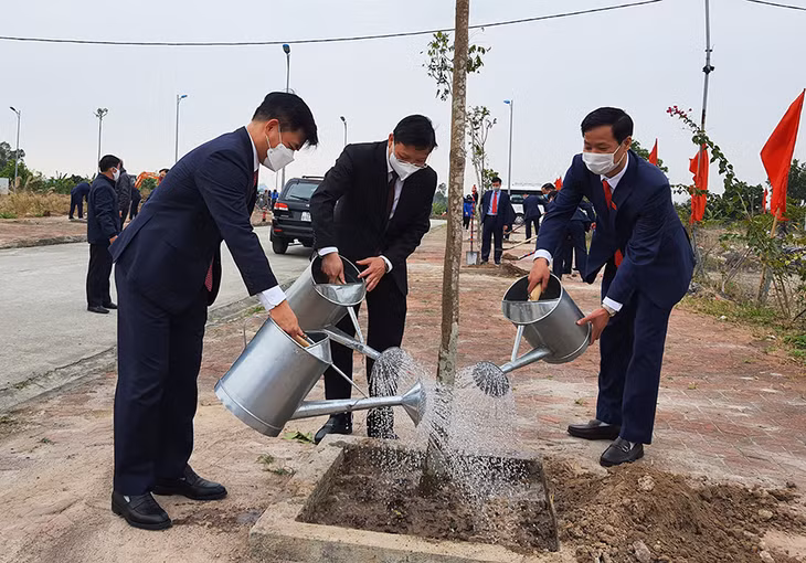 Lãnh đạo TP Uông Bí trồng cây xanh tại dự án Khu đô thị Hoa Nhàn.