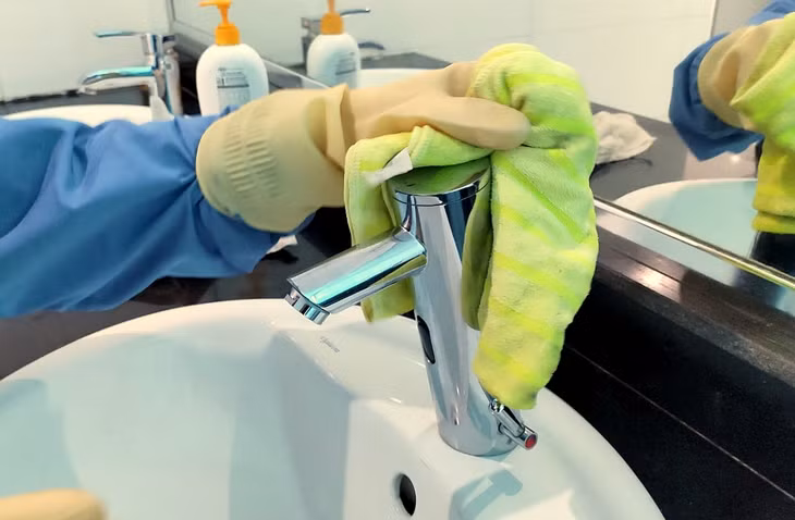 Các vị trí nhạy cảm, tiềm ẩn nguy cơ như vòi nước rửa tay trong nhà vệ sinh được lau chùi kỹ bằng cồn sát khuẩn.