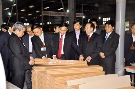 Đồng chí Nguyễn Quân, Bộ trưởng Bộ KH&CN (thứ nhất, trái sang) thăm Nhà máy gạch coto thuộc Công ty CP Viglacera Hạ Long.