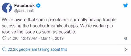 Facebook thừa nhận sự cố và cho biết đang khắc phục.
