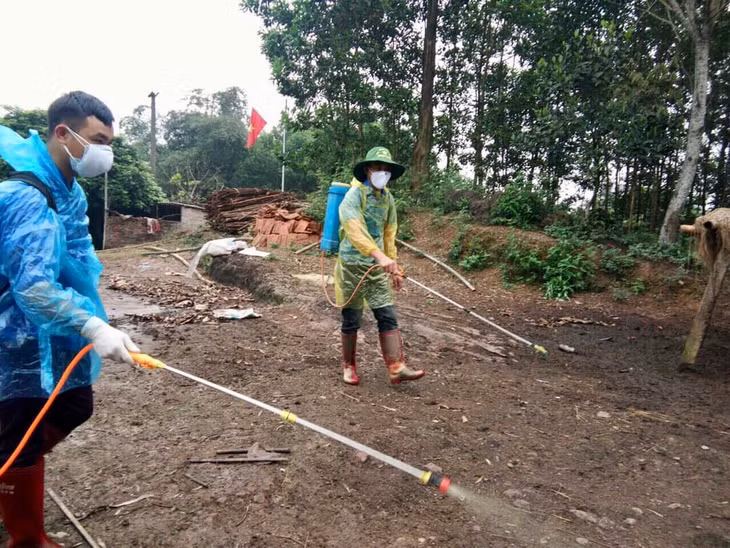 Đoàn thanh niên xã Quản Thịnh (Hải Hà) phun thuốc khử trùng trên địa bàn xã