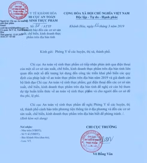 Văn bản của Chi cục An toàn vệ sinh thực phẩm.