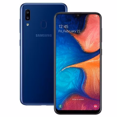 Galaxy A20 có ba màu, mặt lưng có camera kép và cảm biến vân tay.