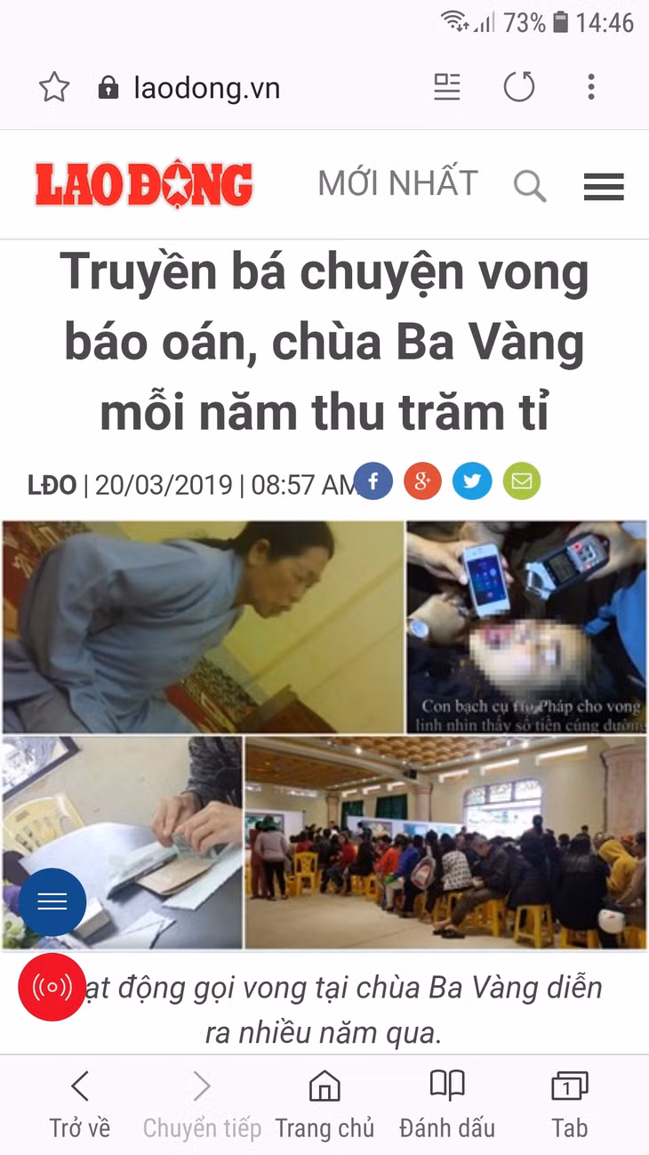 Thông tin về việc truyền bá chuyện báo oán của chùa ba Vàng trên báo Lao động ngày 20/3/2019.
