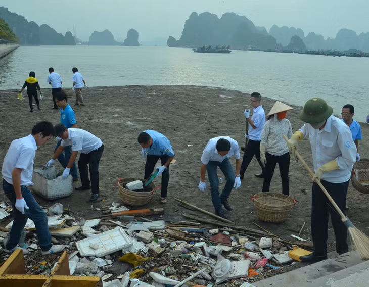 Nhân viên Ban Quản lý Vịnh Hạ Long ra quân thu gom rác.