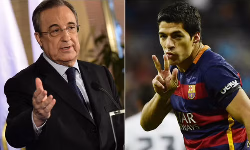 Perez (trái) chê Suarez không phải là cầu thủ giỏi để rồi tiền đạo người Uruguay khiến chủ tịch Real ôm hận bằng những bàn thắng liên tiếp vào lưới đội bóng của ông. Ảnh: Sport.