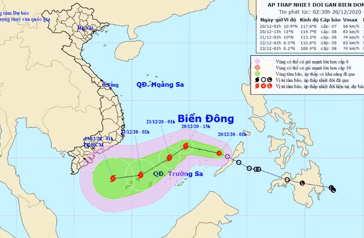 Vị trí và hướng di chuyển của áp thấp nhiệt đới. (Nguồn: nchmf.gov.vn)