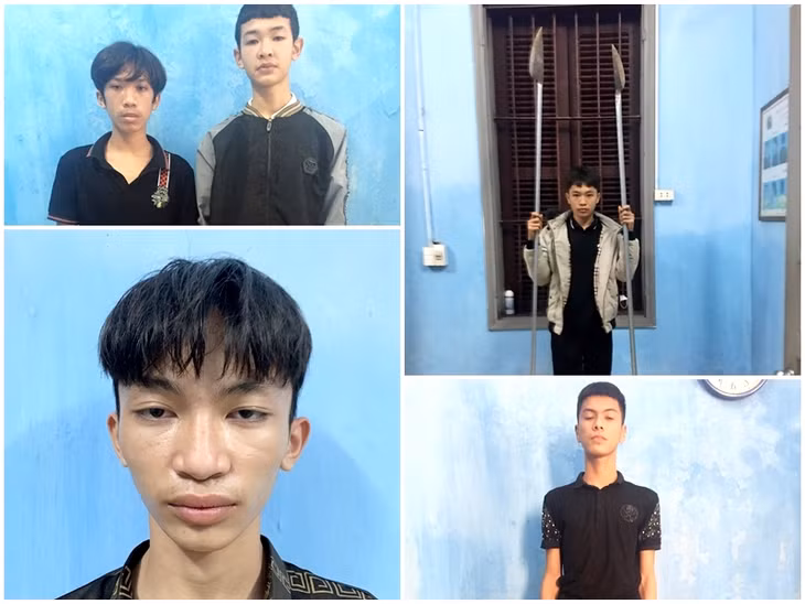 Các đối tượng cùng tang vật tại cơ quan Công an phường Quảng Yên.