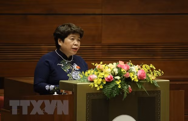 Chủ nhiệm Ủy ban về các vấn đề xã hội của Quốc hội Nguyễn Thúy Anh trình bày Tờ trình Luật Phòng, chống ma túy (sửa đổi). (Ảnh: Dương Giang/TTXVN)