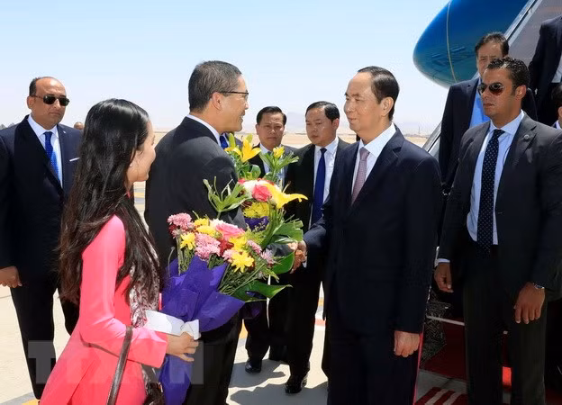 Các quan chức chính quyền tỉnh Luxor đón Chủ tịch nước Trần Đại Quang và Phu nhân tại sân bay quốc tế Luxor. (Ảnh: Nhan Sáng/TTXVN)