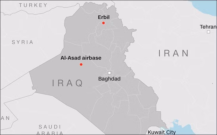 Hai căn cứ quân sự Mỹ (đánh dấu bằng chấm đỏ) bị Iran không kích bằng tên lửa vào sáng 8/1. Đồ họa: CNN.