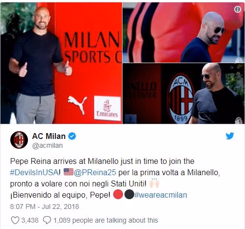  Thông tin chính thức được đăng tải trên trang Twitter của CLB AC Milan.