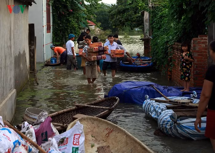 Mỳ tôm, nước uống và những nhu yếu phẩm thiết yếu được địa phương, hội chữ thập đỏ, cùng nhiều người ủng hộ... được đưa lên những chiếc xuồng để chuyển vào thôn bị cô lập do nước dâng cao.