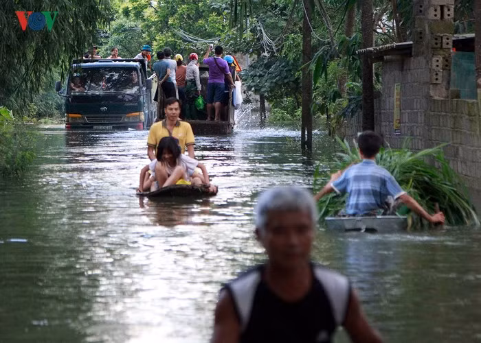  Phương tiện di chuyển trong xã Tân Tiến (Chương Mỹ, Hà Nội) trong những ngày này là thuyền, xuồng, "cao cấp" hơn là được ngồi trên thùng sau xe tải băng qua "sông".